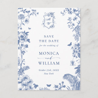 Elegant Blauw Frans Toile Bruiloft Save the Date Briefkaart