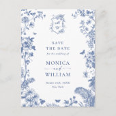 Elegant Blauw Frans Toile Bruiloft Save the Date Briefkaart (Voorkant)