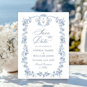 Elegant Blauw Frans Toile Bruiloft Save the Date Briefkaart