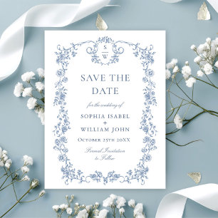 Elegant Blauw Frans Toile Bruiloft Save the Date Briefkaart