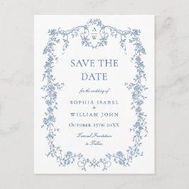 Elegant Blauw Frans Toile Bruiloft Save the Date Briefkaart