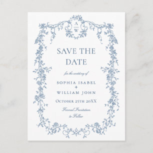Elegant Blauw Frans Toile Bruiloft Save the Date Briefkaart