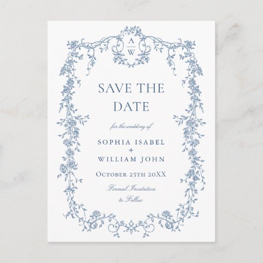 Elegant Blauw Frans Toile Bruiloft Save the Date Briefkaart (Voorkant)