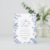 Elegant Blauw Frans Toile Bruiloft Save the Date Briefkaart (Staand voorkant)