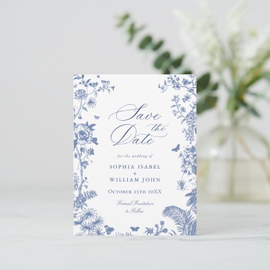 Elegant Blauw Frans Toile Bruiloft Save the Date Briefkaart (Staand voorkant)