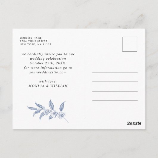 Elegant Blauw Frans Toile Bruiloft Save the Date Briefkaart (Achterkant)