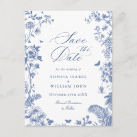 Elegant Blauw Frans Toile Bruiloft Save the Date