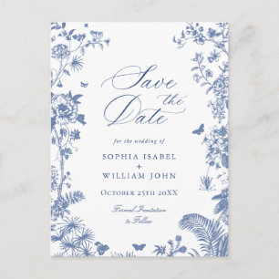 Elegant Blauw Frans Toile Bruiloft Save the Date Briefkaart