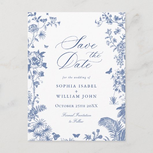 Elegant Blauw Frans Toile Bruiloft Save the Date Briefkaart (Voorkant)