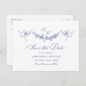 Elegant Blauw Frans Toile Bruiloft Save the Date Briefkaart (Voorkant / Achterkant)