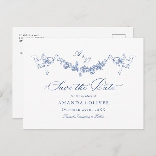 Elegant Blauw Frans Toile Bruiloft Save the Date Briefkaart (Voorkant / Achterkant)