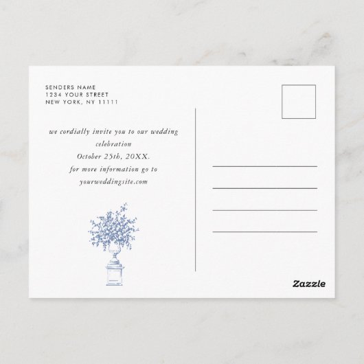 Elegant Blauw Frans Toile Bruiloft Save the Date Briefkaart (Achterkant)