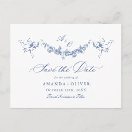 Elegant Blauw Frans Toile Bruiloft Save the Date Briefkaart