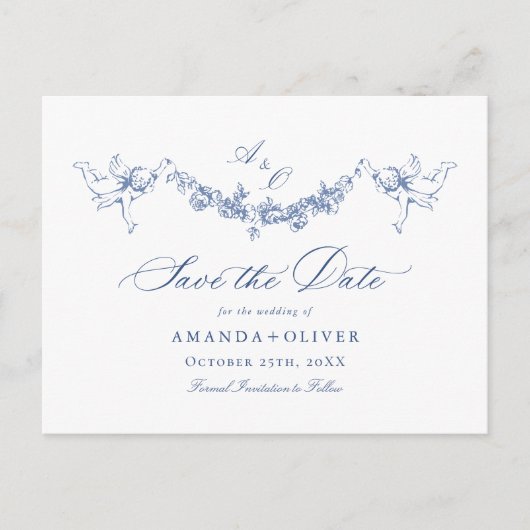 Elegant Blauw Frans Toile Bruiloft Save the Date Briefkaart (Voorkant)