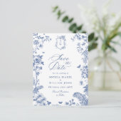 Elegant Blauw Frans Toile Bruiloft Save the Date Briefkaart (Staand voorkant)