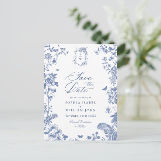 Elegant Blauw Frans Toile Bruiloft Save the Date Briefkaart (Staand voorkant)
