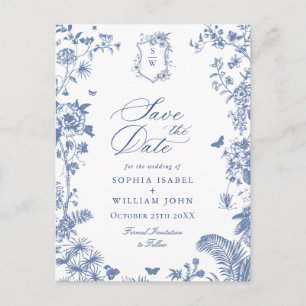 Elegant Blauw Frans Toile Bruiloft Save the Date Briefkaart