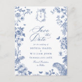 Elegant Blauw Frans Toile Bruiloft Save the Date Briefkaart (Voorkant)