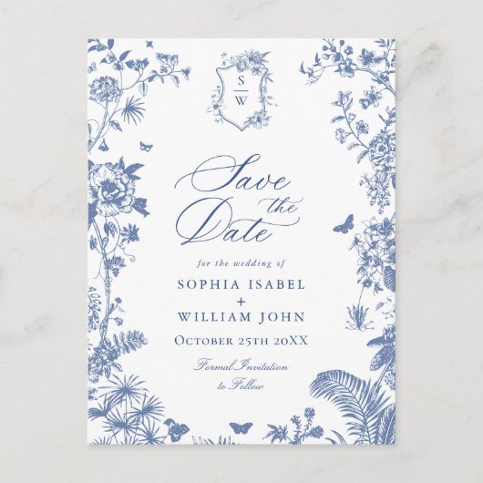 Elegant Blauw Frans Toile Bruiloft Save the Date Briefkaart (Voorkant)