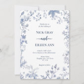 Elegant Blauw Frans Toile Bruiloft Uitnodiging (Voorkant)