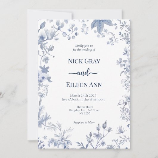 Elegant Blauw Frans Toile Bruiloft Uitnodiging (Voorkant)