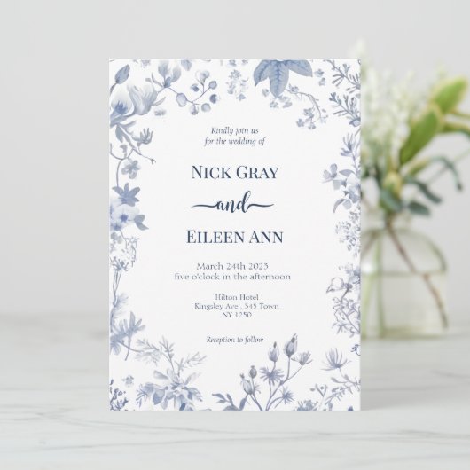 Elegant Blauw Frans Toile Bruiloft Uitnodiging (Staand voorkant)