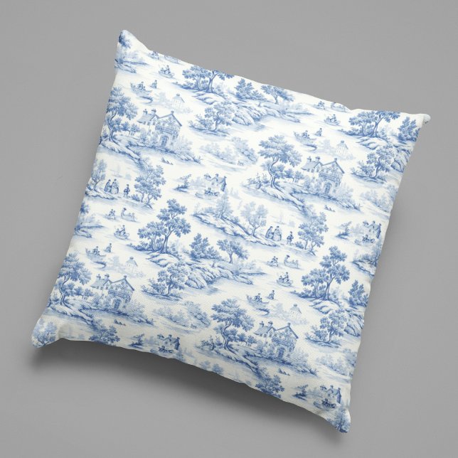 Elegant Blauw Frans Toile de Jouy Design  Kussen (Vintage Charm: Blue Toile de Jouy Throw Pillow)