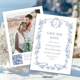 Elegant Blauw Frans Toile QR code Foto Bruiloft Save The Date