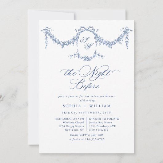 Elegant Blauw Frans Toile Tuin repetitie diner Kaart (Voorkant)