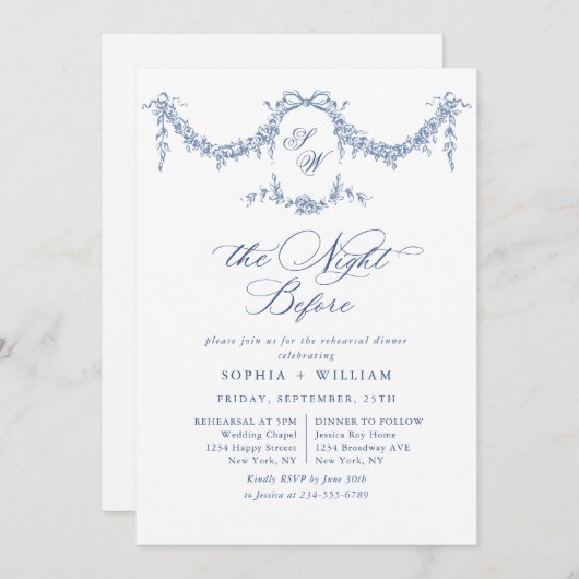 Elegant Blauw Frans Toile Tuin repetitie diner Kaart (Voorkant / Achterkant)