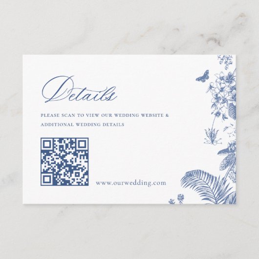 Elegant Blauw Frans Tuin Bloemen Bruiloft Details Informatiekaartje (Voorkant)