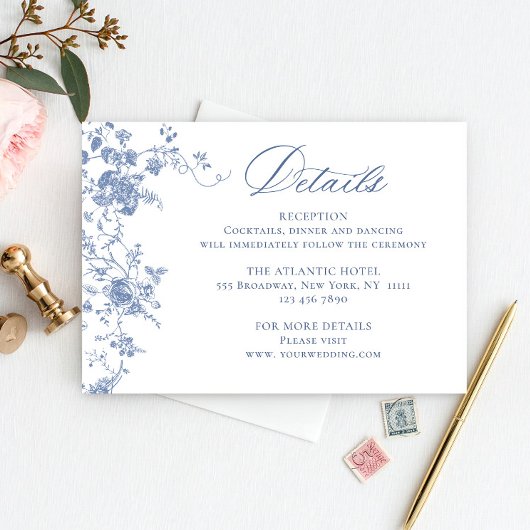 Elegant Blauw Frans Tuin Bloemen Bruiloft Details Informatiekaartje