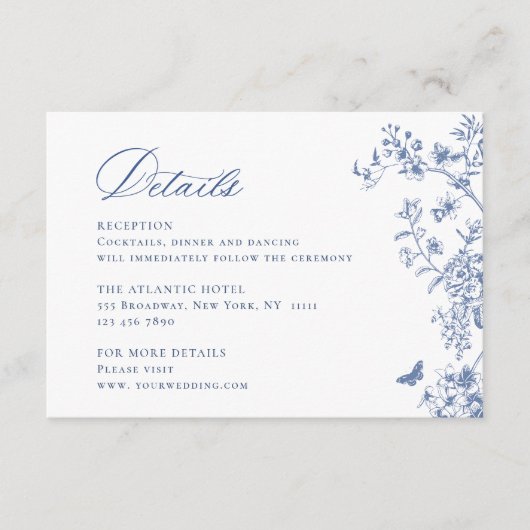 Elegant Blauw Frans Tuin Bloemen Bruiloft Details Informatiekaartje (Voorkant)