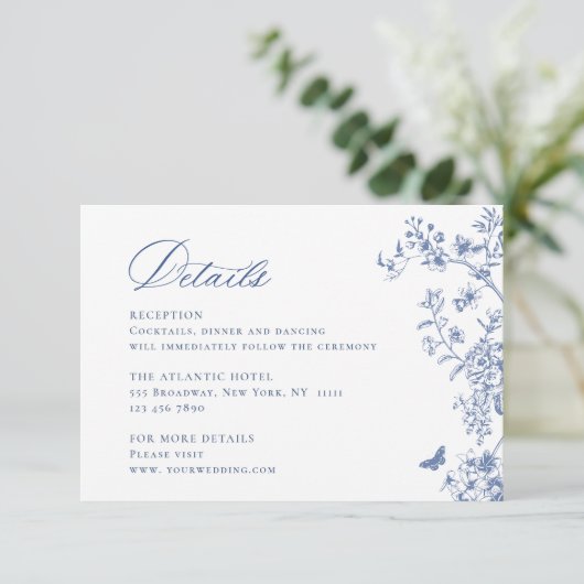 Elegant Blauw Frans Tuin Bloemen Bruiloft Details Informatiekaartje (Staand voorkant)