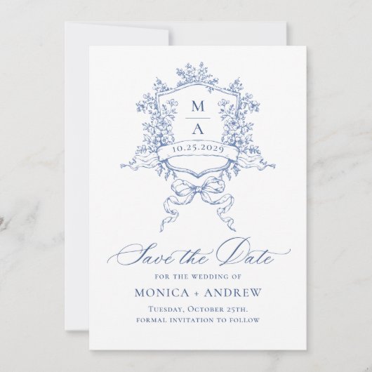 Elegant Blauw Frans Tuin Bloemen Bruiloft QR code Save The Date (Voorkant)