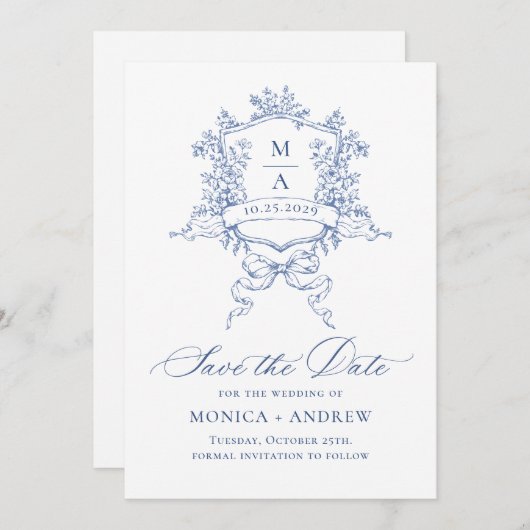 Elegant Blauw Frans Tuin Bloemen Bruiloft QR code Save The Date (Voorkant / Achterkant)