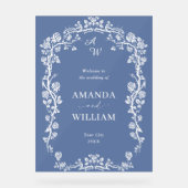 Elegant Blauw Frans Tuin Bloemen Bruiloft Welkom Acryl Bord (Voorkant)