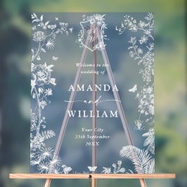 Elegant Blauw Frans Tuin Bloemen Bruiloft Welkom Acryl Bord