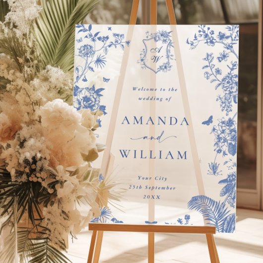 Elegant Blauw Frans Tuin Bloemen Bruiloft Welkom Acryl Bord