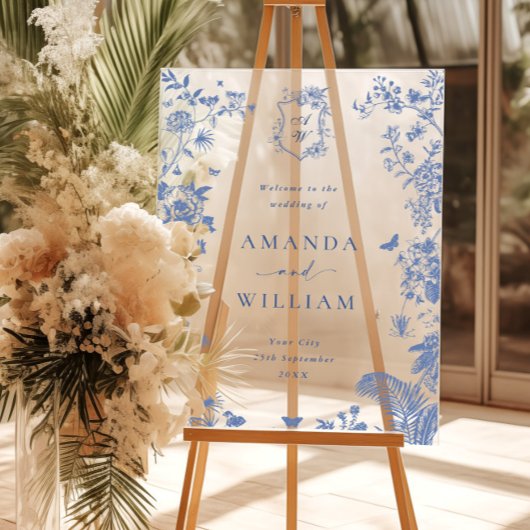 Elegant Blauw Frans Tuin Bloemen Bruiloft Welkom Acryl Bord