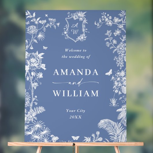 Elegant Blauw Frans Tuin Bloemen Bruiloft Welkom Acryl Bord (Neutraal)