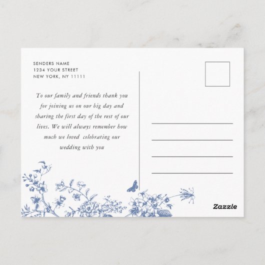 Elegant Blauw Frans Tuin Bloemen Dank u Briefkaart (Achterkant)