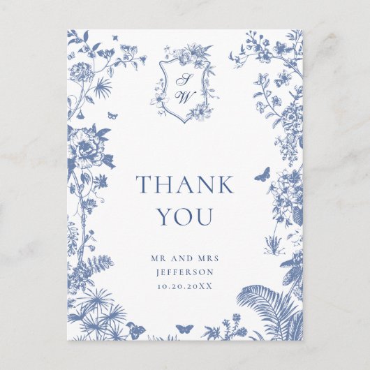 Elegant Blauw Frans Tuin Bloemen Dank u Briefkaart (Voorkant)