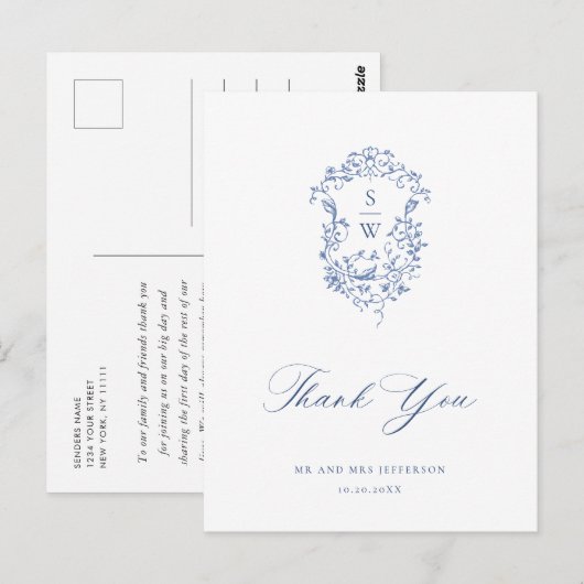 Elegant Blauw Frans Tuin Bloemen Dank u Briefkaart (Voorkant / Achterkant)