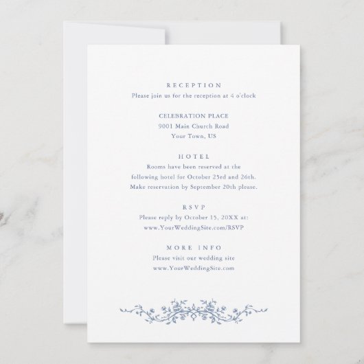 Elegant Blauw Frans Tuin Bruiloft Alles in Een Kaart (Achterkant)