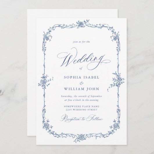 Elegant Blauw Frans Tuin Bruiloft Alles in Een Kaart (Voorkant / Achterkant)