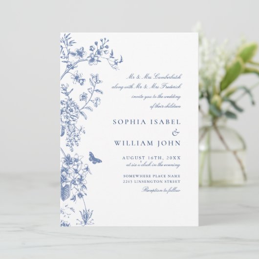 Elegant Blauw Frans Tuin Bruiloft Kaart (Staand voorkant)