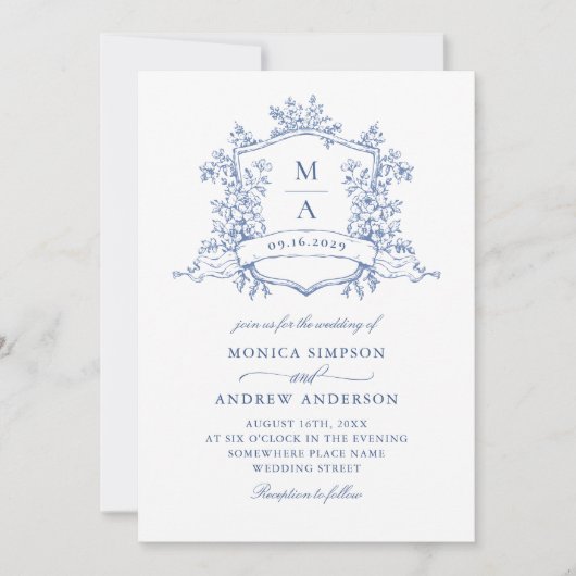 Elegant Blauw Frans Tuin Huwelijk QR code Kaart (Voorkant)