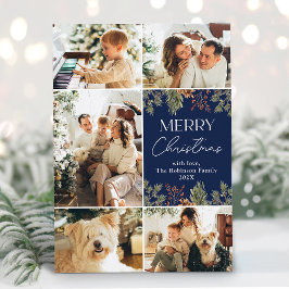 Elegant Blauw gebladerte 5 Foto Kerstmis Feestdagenkaart