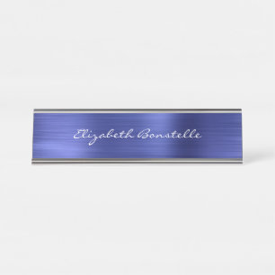 Elegant Blauw Geborsteld Metaal Handgeschrift Bureau Naambordje